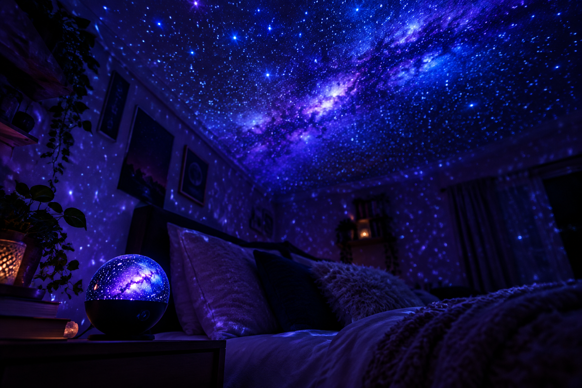 Galaxy projector projecting stars across a cosy bedroom ceiling at night